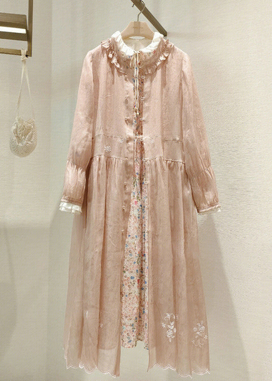 Pink Ruffled Button Print Cotton Two Pieces Set Dress Spring
