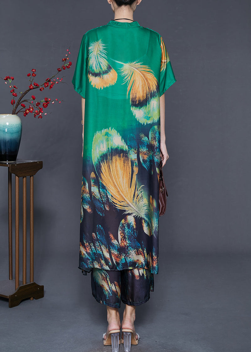 Green Oversized Print Silk Two Piece Suit Set Summer
