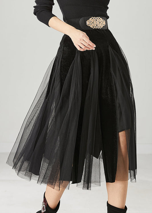 Black High Waist Patchwork Tulle Velour Dress Spring