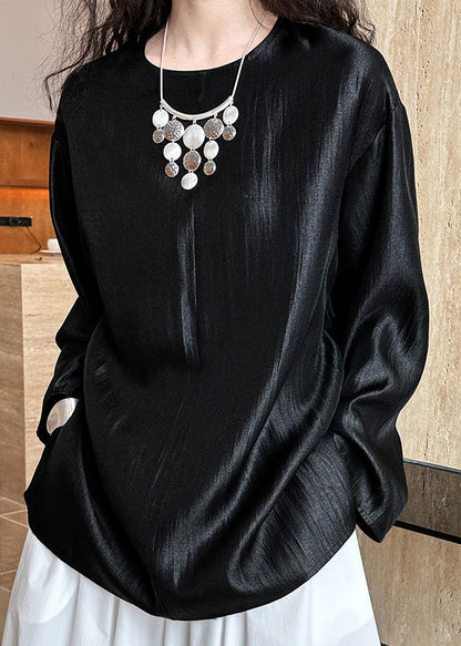 Boutique Simple Black O Neck Silk Shirts Long Sleeve