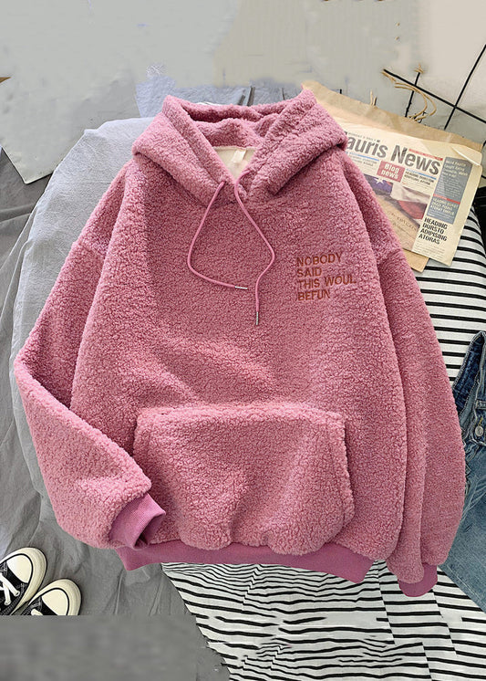 Pink Hooded Letter Pockets Teddy Faux Fur Sweatshirt Spring