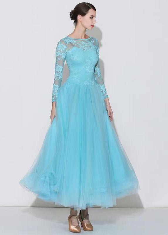 Light Lake Blue O-neck Lace Patchwork Dance Dress Long Sleeve