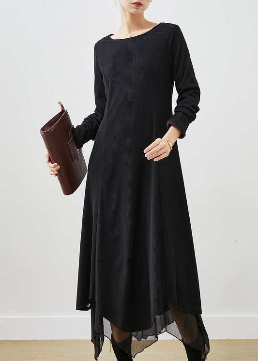 Black Asymmetrical Exra Large Hem Cotton Long Dress Spring