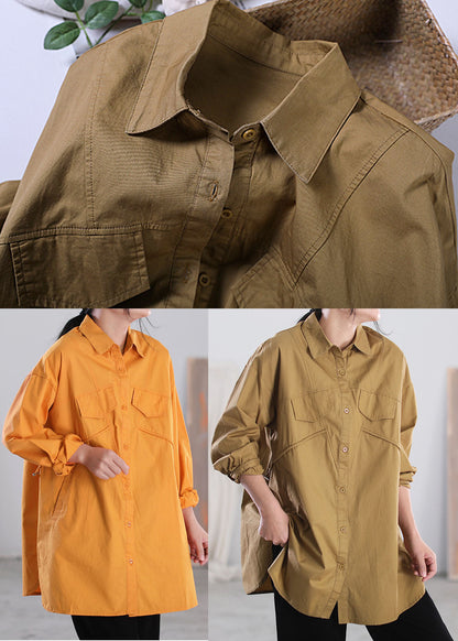 Orange Color Patchwork Cotton Shirt Tops Asymmetrical Pockets Long Sleeve