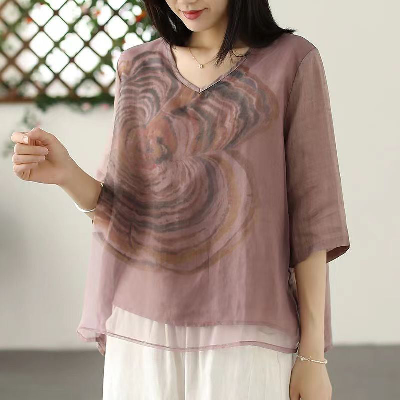 Green V Neck Print Tulle T Shirts Summer