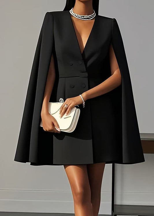 Black V Neck Patchwork Spandex Work Dress Cloak Sleeves