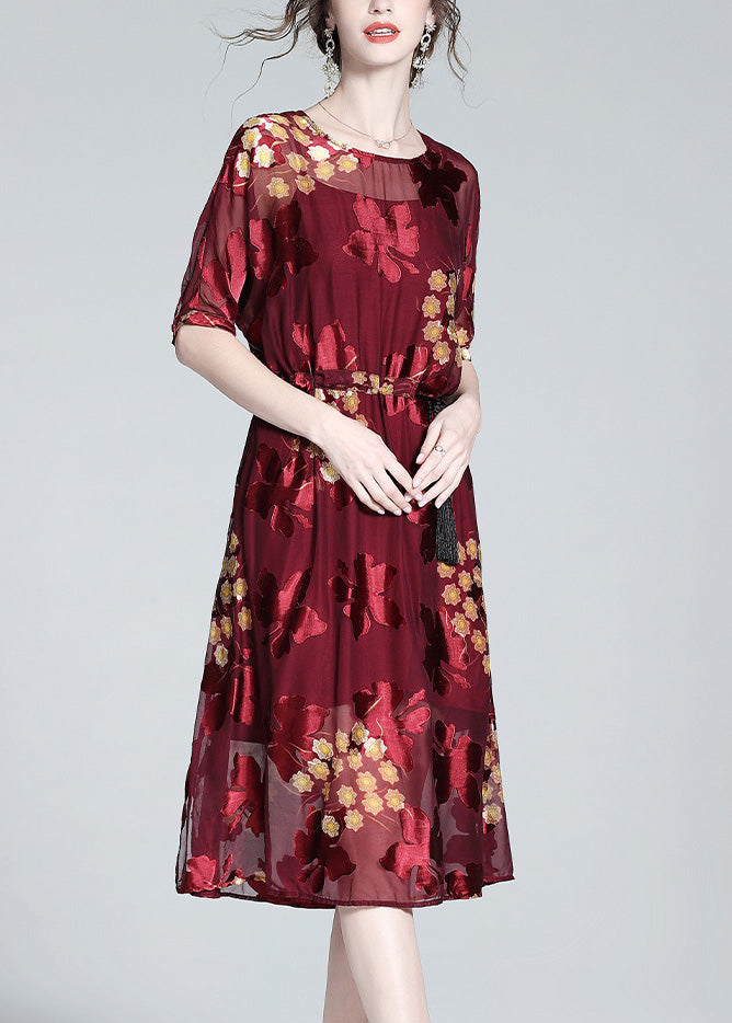 Diy Red O-neck Print Tunic Silk Maxi Dresses and Slip Dress Two Pieces Set Summer
