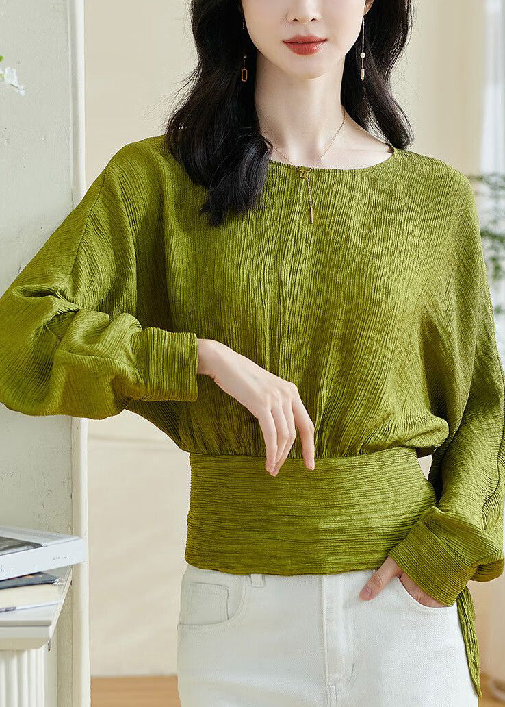 Green O-neck Patchwork Bow Top Lantern Sleeve
