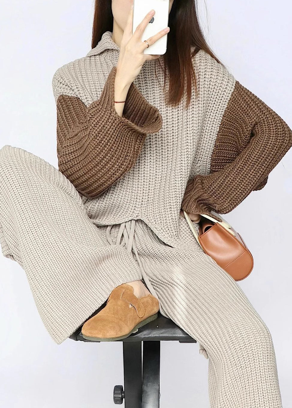 Apricot Asymmetrical Elastic Waist Patchwork Knit Two Piece Set Fall