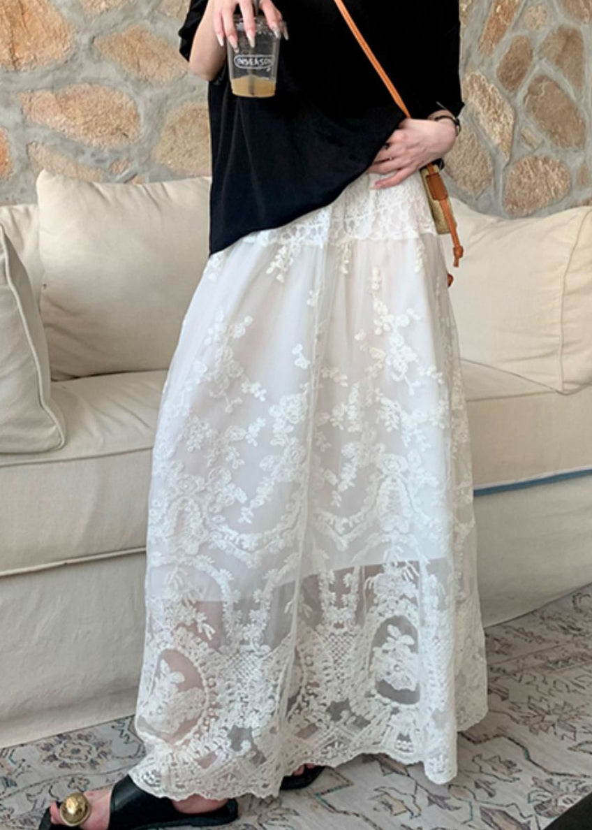 Art White Lace Tulle Patchwork Elastic Waist Skirt Summer
