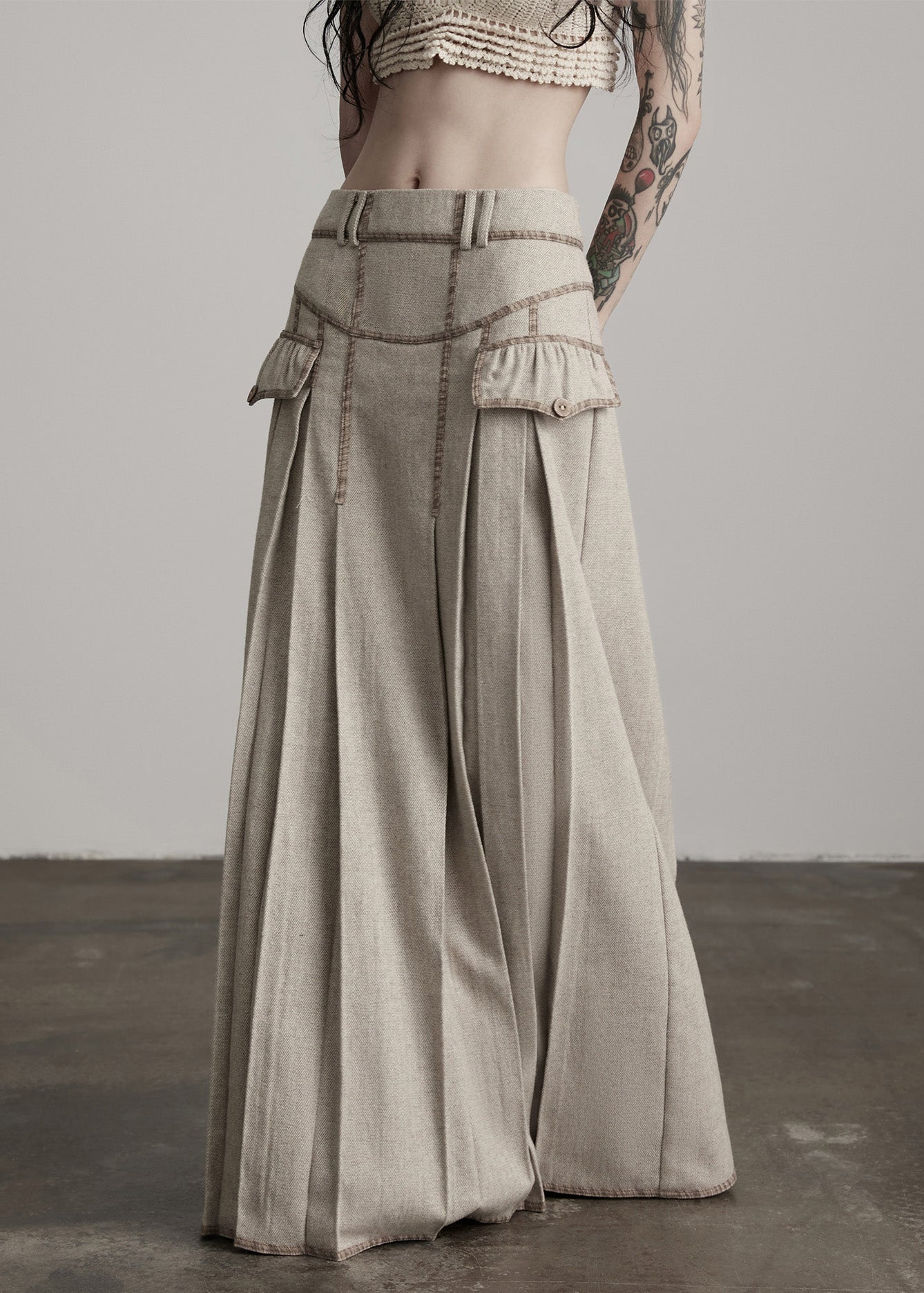 Apricot Wrinkled High Waist Patchwork Woolen Skirts Winter