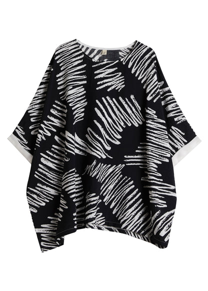 Black O-neck Asymmetrical Print Cotton Shirt Top Summer