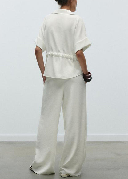 Loose White Peter Pan Collar Tie Waist Cotton Two Pieces Set Summer