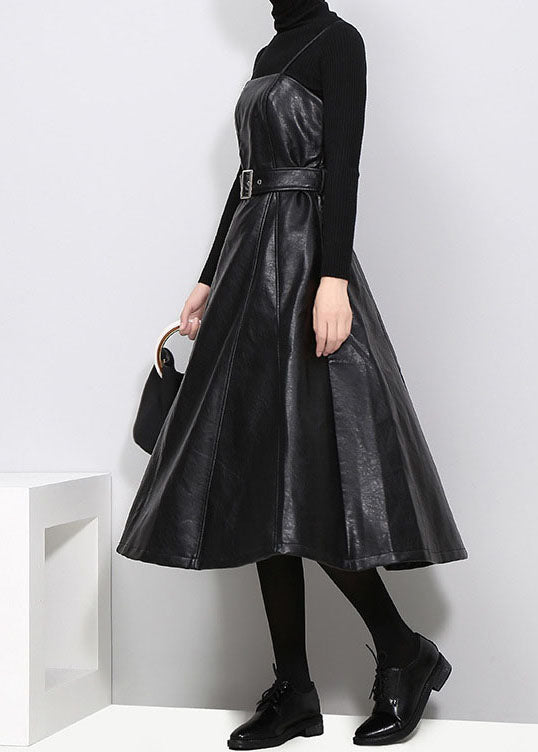 Slim Fit Tie Waist Black Faux Leather Spaghetti Strap Dresses Spring