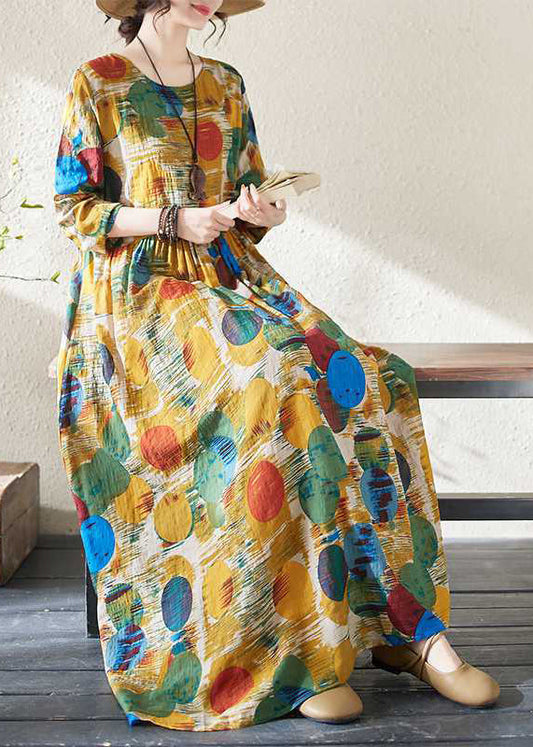 Yellow Patchwor Print Vacation Dresses Long Sleeve
