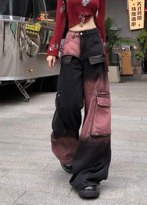 Modern Gradient Color Oversized With Pockets Denim Pants Spring
