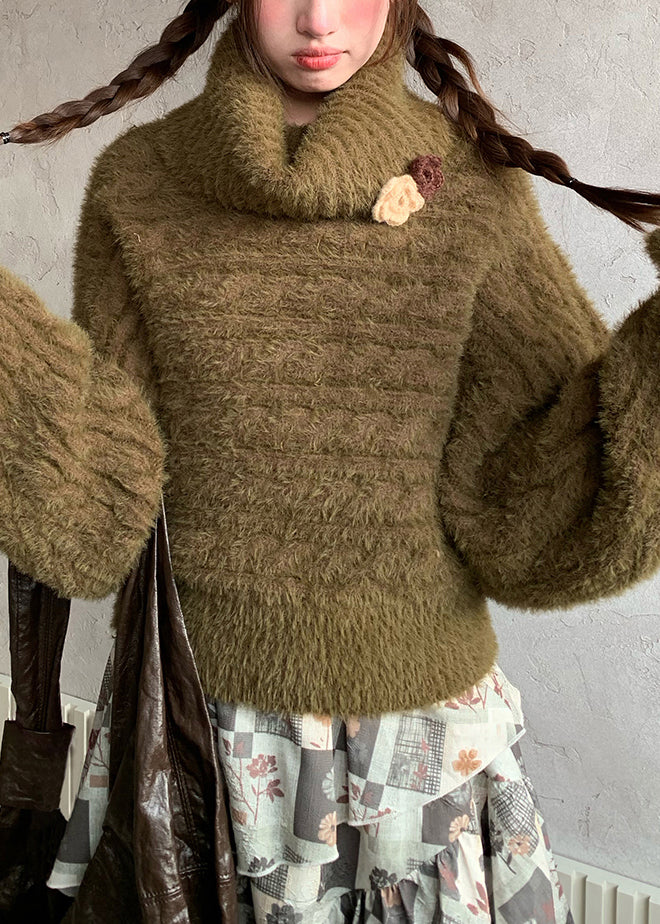 Loose Green Turtleneck Cozy Cotton Knit Sweaters Fall