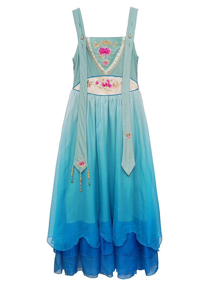 Vogue Blue Slash Neck Embroideried Gradient Color Button Silk Maxi Dress Sleeveless