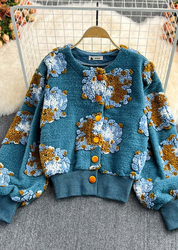 Blue O-neck Fluffy Button Knit Sweaters Spring