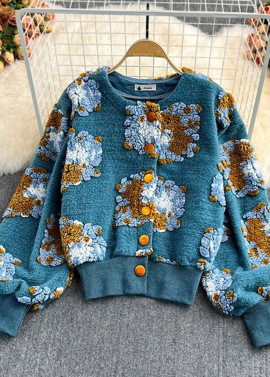 Blue O-neck Fluffy Button Knit Sweaters Spring