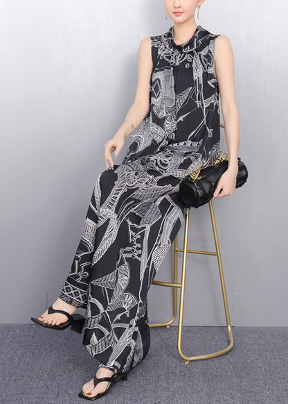 Vogue Black Print Top and Wide Leg Pants Two Pieces Set Summer