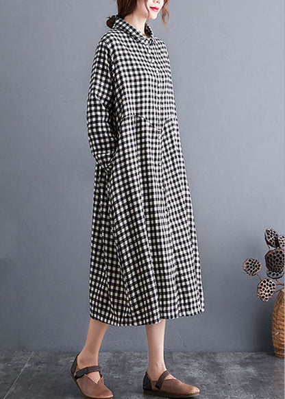 Classy Black Peterpan Collar Plaid Cotton Long Dress Spring