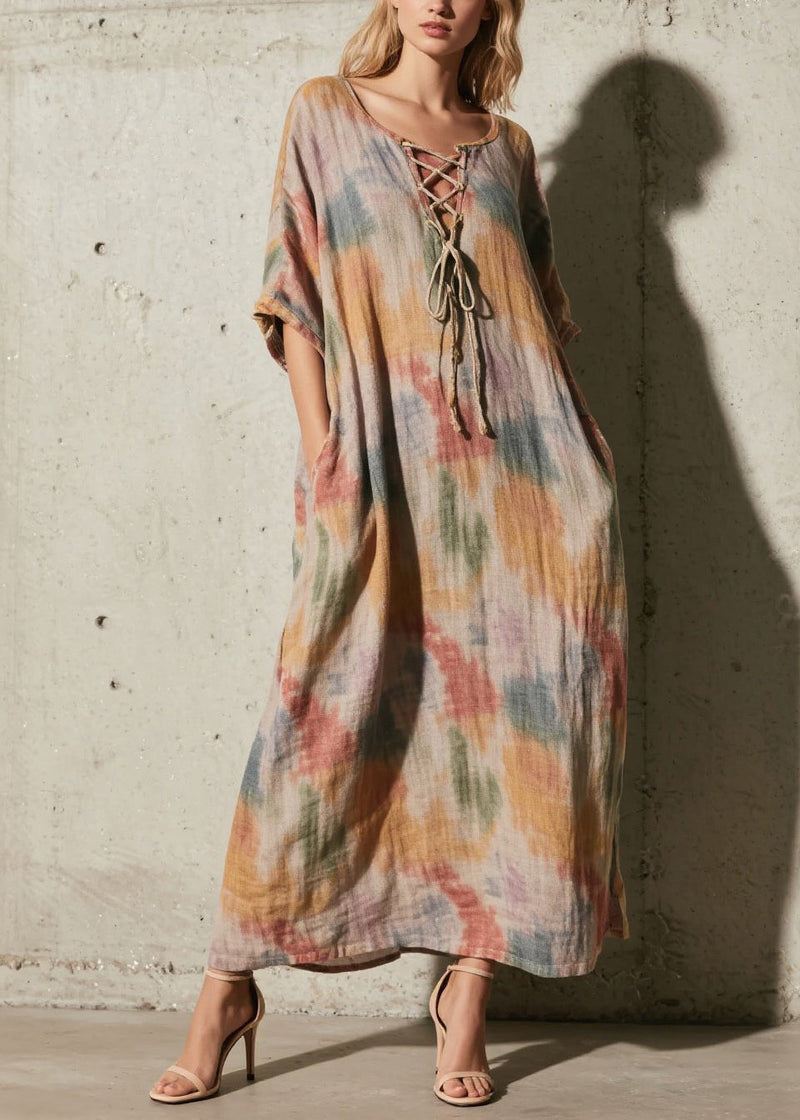 Khaki Tie Dye Cross Strap Cotton Long Dress Fall