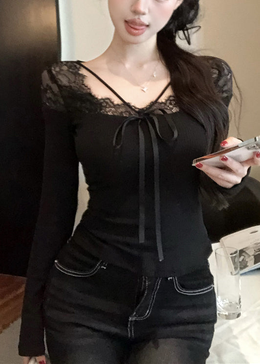 Black Lace Patchwork Silm Fit Tops Spring