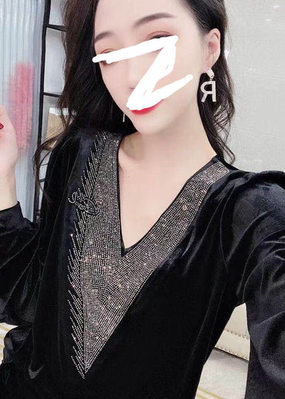 Black V Neck Sequins Silk Velour Top Long Sleeve