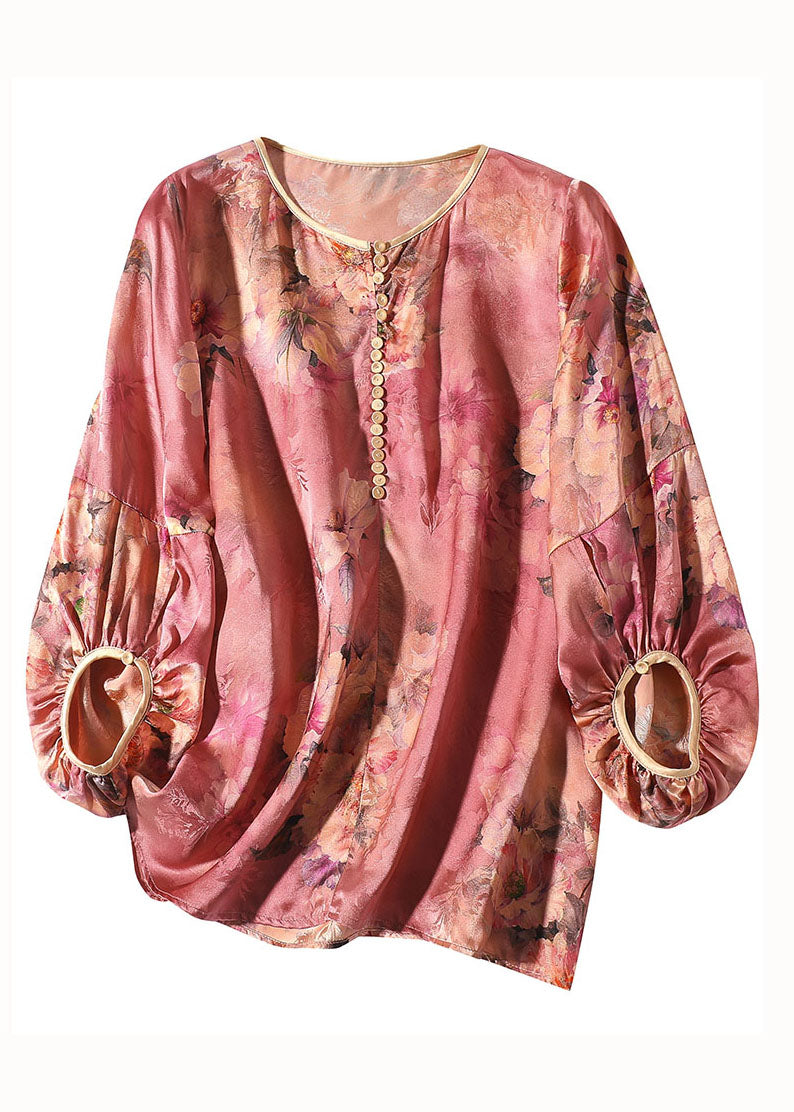 Red O Neck Print Silk Blouse Top Bracelet Sleeve