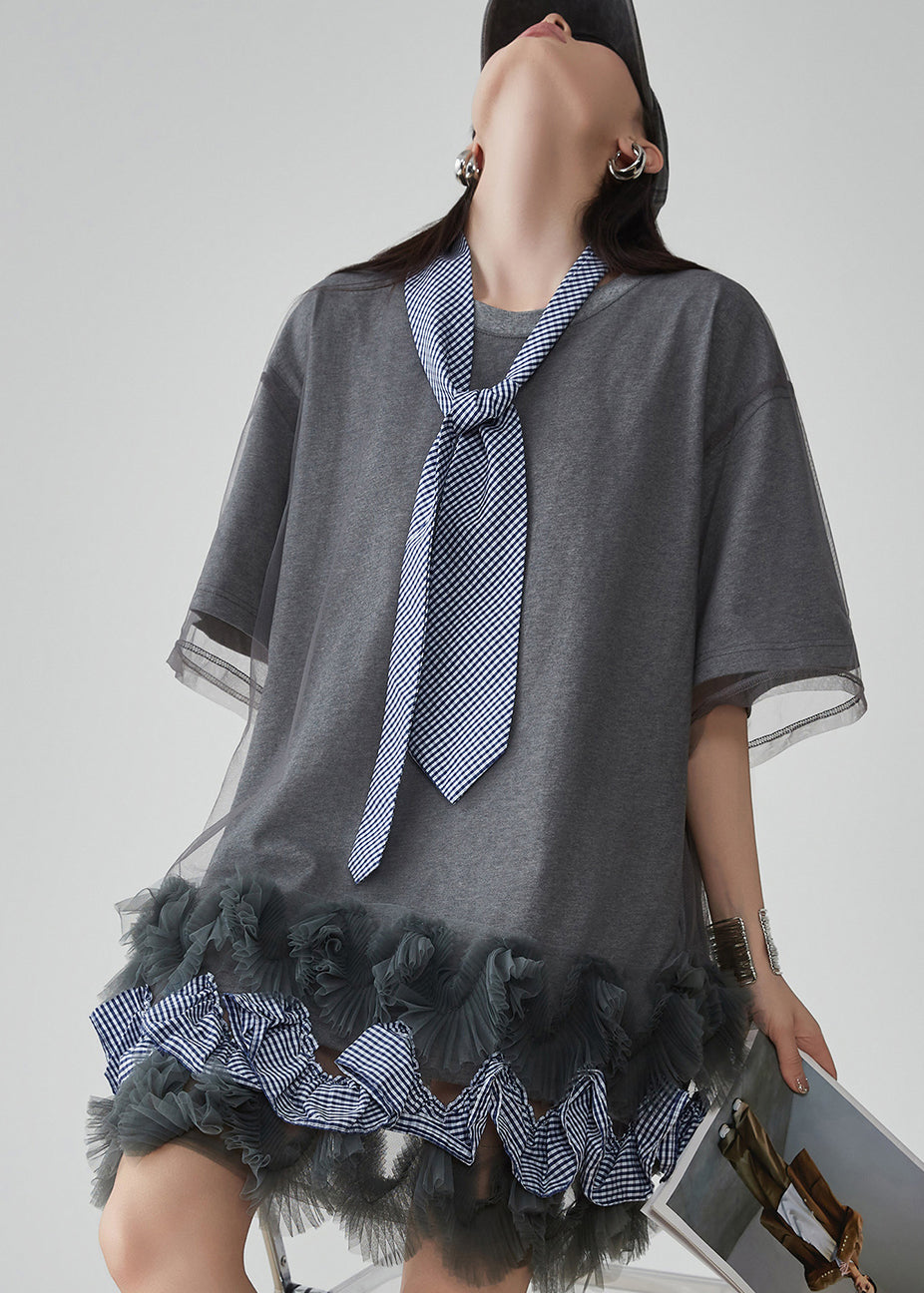 Grey Ruffled Tulle Patchwork Fake Two Pieces Mid Dress Short Sleeve