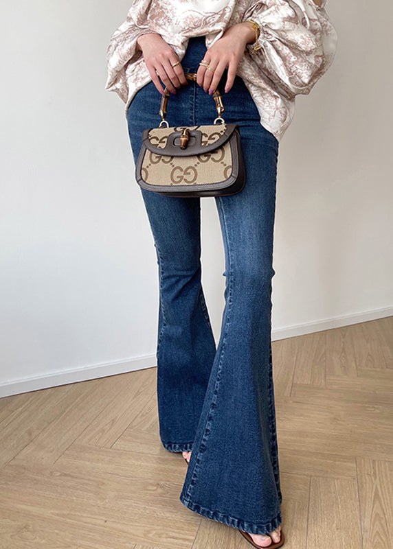 Denim Blue Zippered High Waist Pockets Flares Pants Fall