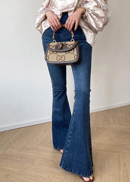 Denim Blue Zippered High Waist Pockets Flares Pants Fall