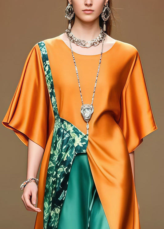 Italian Caramel Asymmetrical Patchwork Silk Holiday Dress Summer