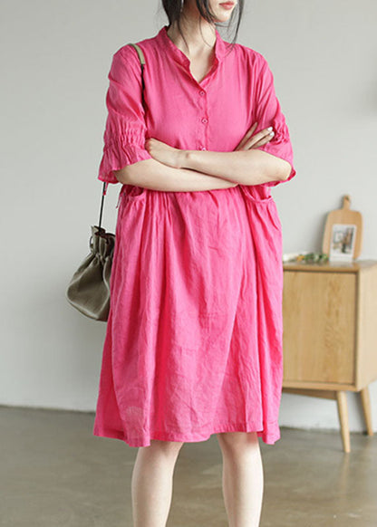 Modern Rose Stand Collar Patchwork Ramie Mid Dress Summer