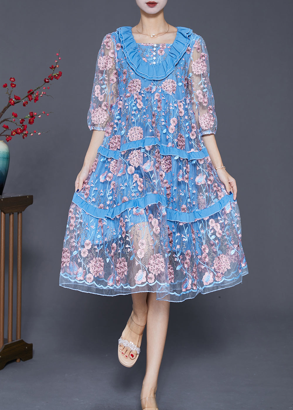 Modern Lake Blue Ruffled Patchwork Embroideried Tulle Dress Summer