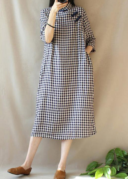 Loose Stand Collar Chinese Button Outfit Work Plaid Linen Maxi Dresses Summer