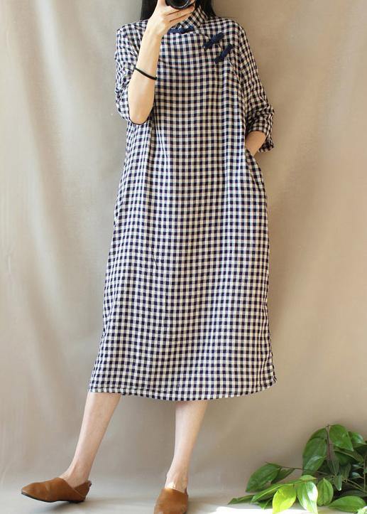 Loose Stand Collar Chinese Button Outfit Work Plaid Linen Maxi Dresses Summer