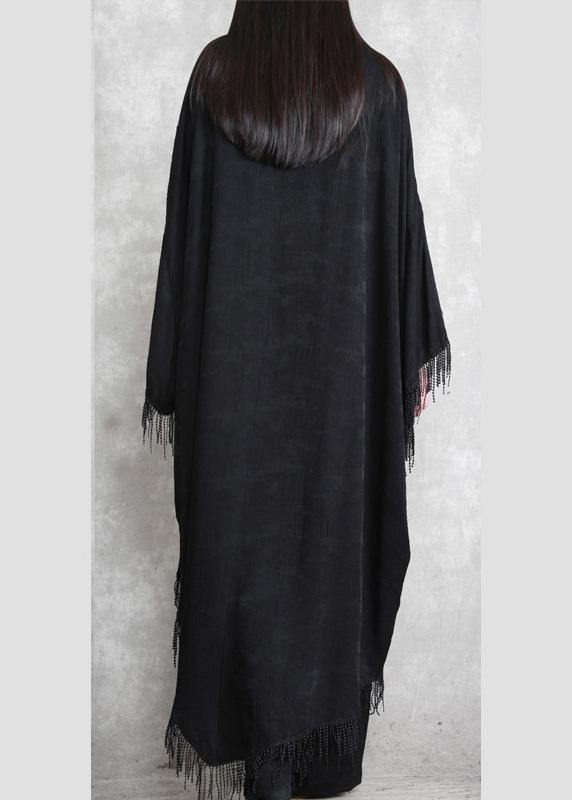 Black Tasseled Silk Linen Cape Dress Caftans Outfits