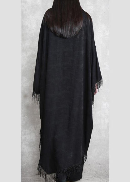 Black Tasseled Silk Linen Cape Dress Caftans Outfits