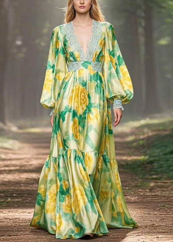 Green Print High Waist Silk Maxi Dress V Neck Spring