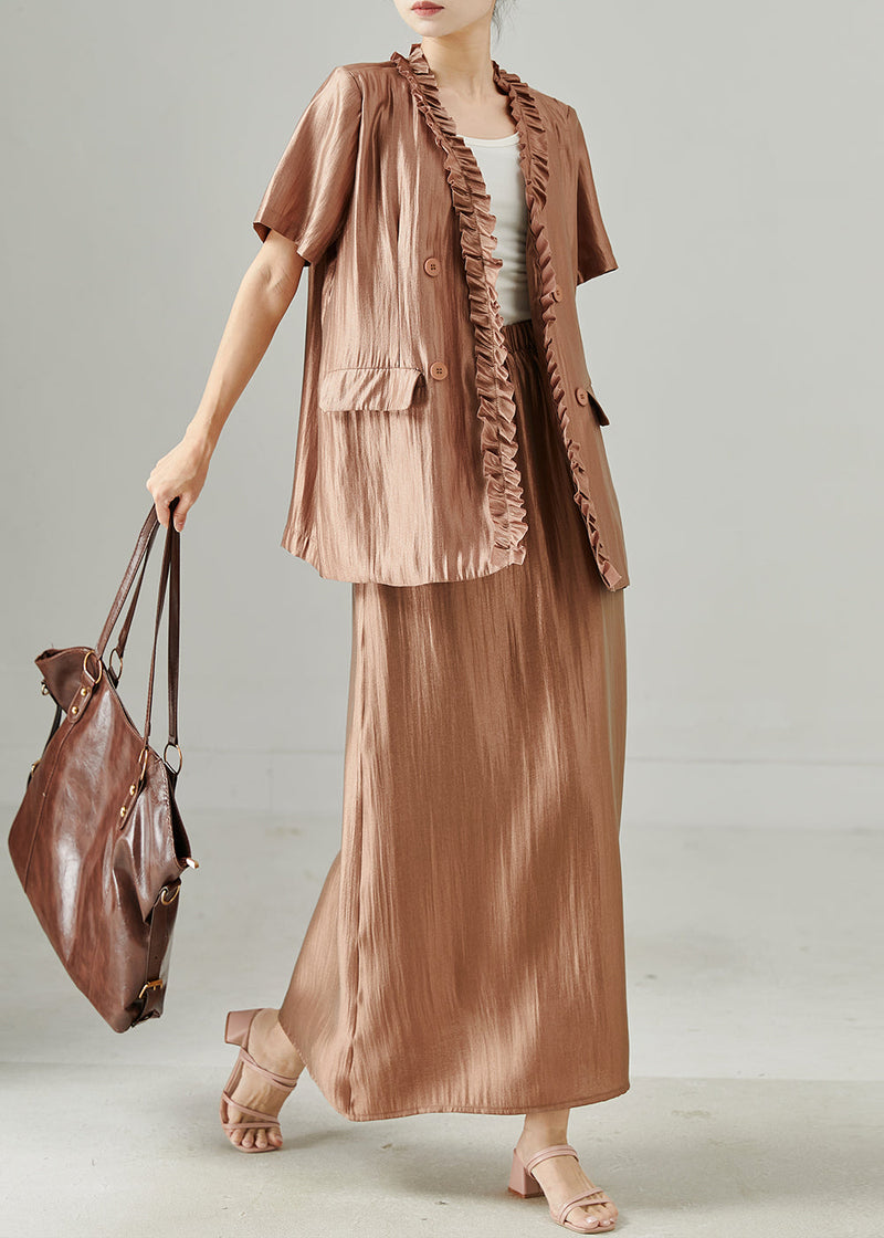 Stylish Brown Ruffled Silk Sets 2 Pieces Summer