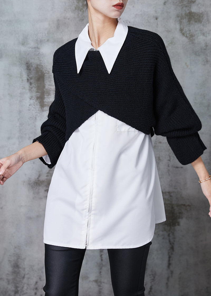 French Black Asymmetrical Design Knit Two Piece Set Clothing Spring