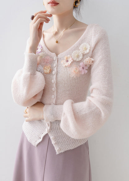 Unique Pink O Neck Knit Sweaters Lantern Sleeve