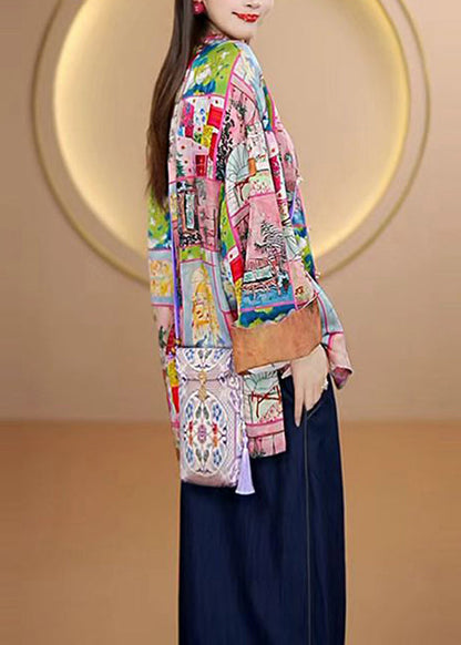 Chinese Style O-neck Print Loose Silk Coat Fall