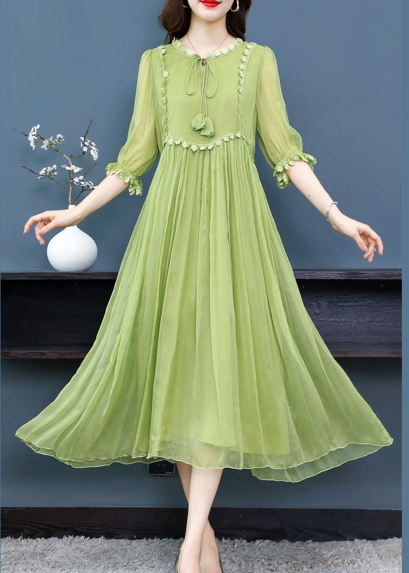 French Green O-neck Lace Up Exra Large Hem Silk Long Dress Half Sleeve