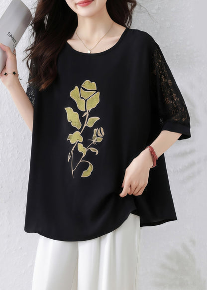 Black Print Lace Hollow Out Cotton T Shirt Half Sleeve