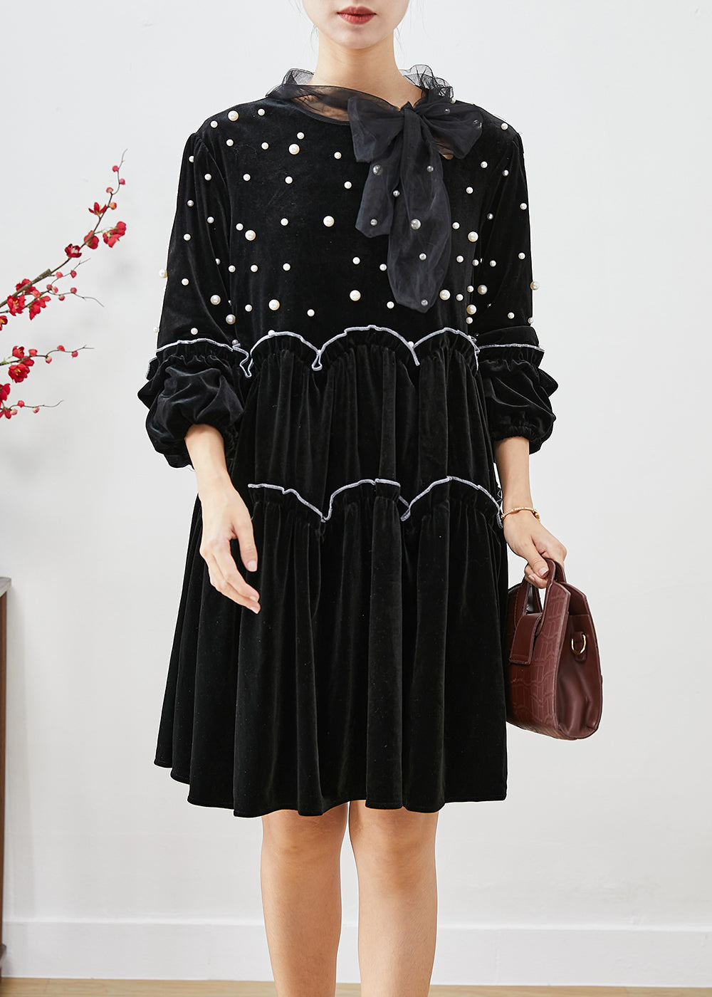 Black Ruffled Patchwork Nail Bead Silk Velour Maxi Dresses Fall