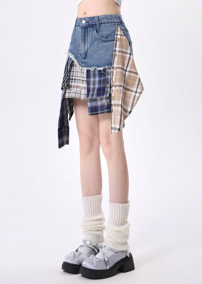 Silm Fit Black Asymmetrical Patchwork Denim Skirts Summer