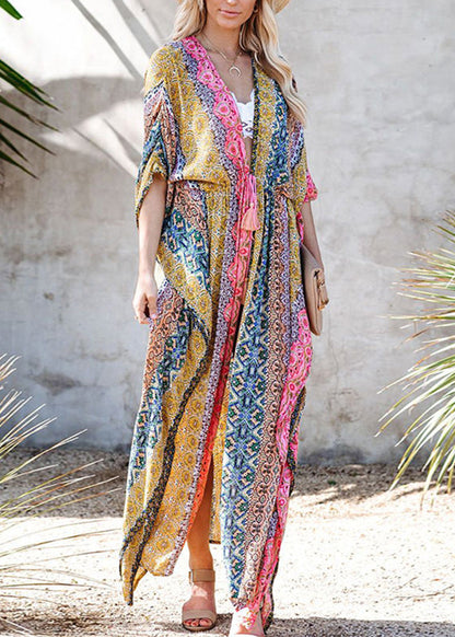 Colorblock V-neck Print Tie Waist Swimwear Long Beach Dress